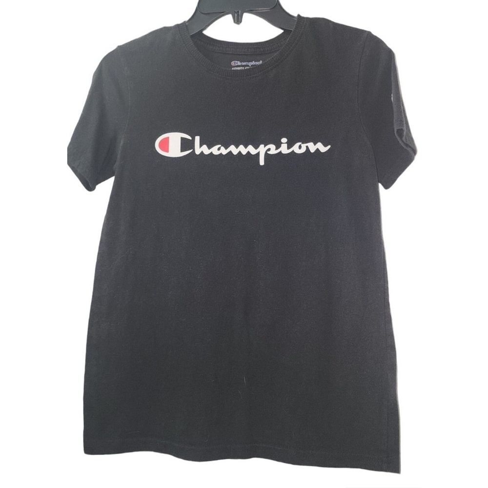 Champion T-Shirt Graphic Tee Crew Neck Short Sleeve Black Top Size L